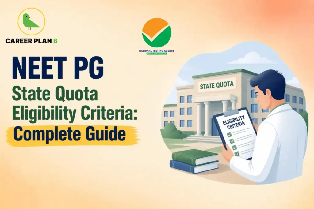 Educational infographic by Career Plan B titled "NEET PG State Quota Eligibility Criteria: Complete Guide". Top-left features the Career Plan B logo with a green bird inside a gold circle. Right side shows a doctor in a lab coat reviewing a clipboard labeled "ELIGIBILITY CRITERIA" next to stacked books in front of a "STATE QUOTA" building. The National Testing Agency (NTA) logo is positioned at top-center.