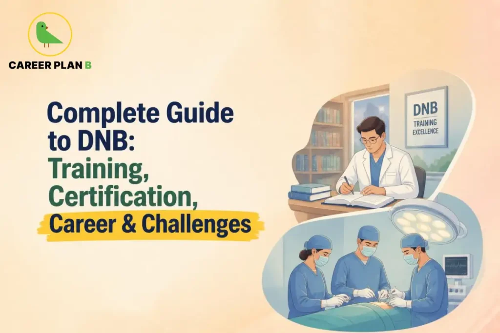 Educational infographic by Career Plan B titled "Complete Guide to DNB: Training, Certification, Career & Challenges". Top-left features the Career Plan B logo with a green bird inside a gold circle. Right side shows two scenes: a doctor studying at a desk next to a "DNB TRAINING EXCELLENCE" poster, and a team of surgeons in blue scrubs performing surgery in an operation theater.