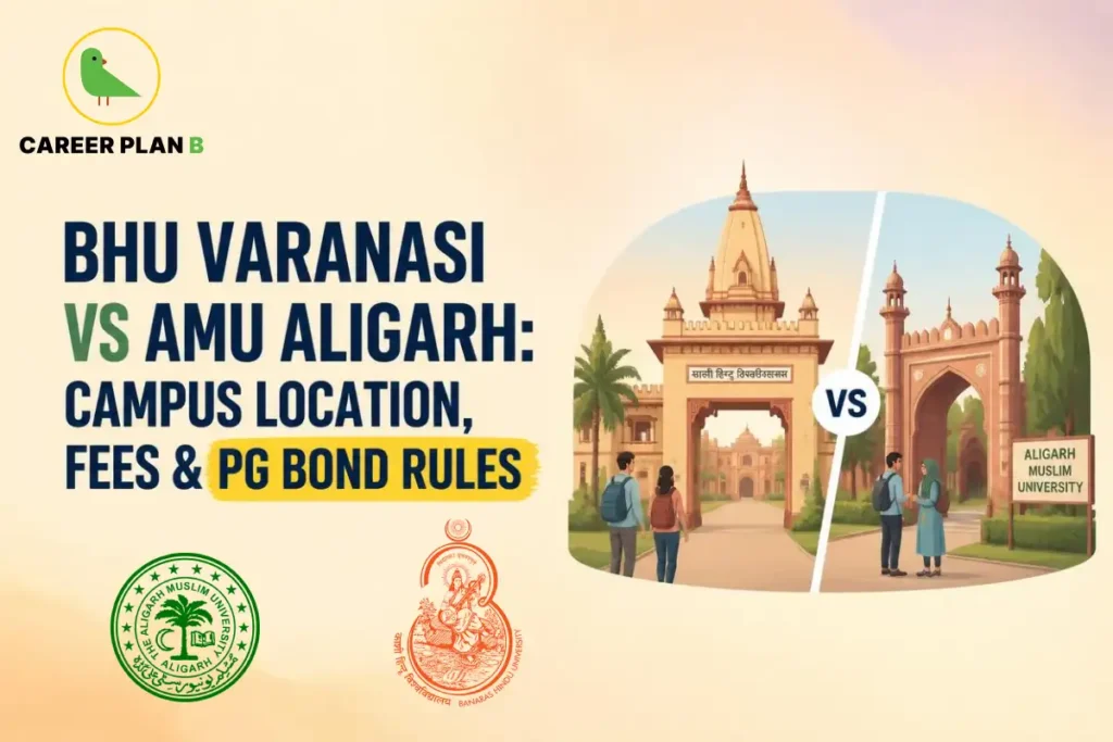 Educational infographic by Career Plan B titled "BHU VARANASI VS AMU ALIGARH: CAMPUS LOCATION, FEES & PG BOND RULES". Top-left features the Career Plan B logo with a green bird inside a gold circle. Right side illustrates campus entry gates for BHU Varanasi and Aligarh Muslim University (AMU) side by side separated by a "VS" badge. Bottom-left displays the official institutional seals for AMU and BHU.