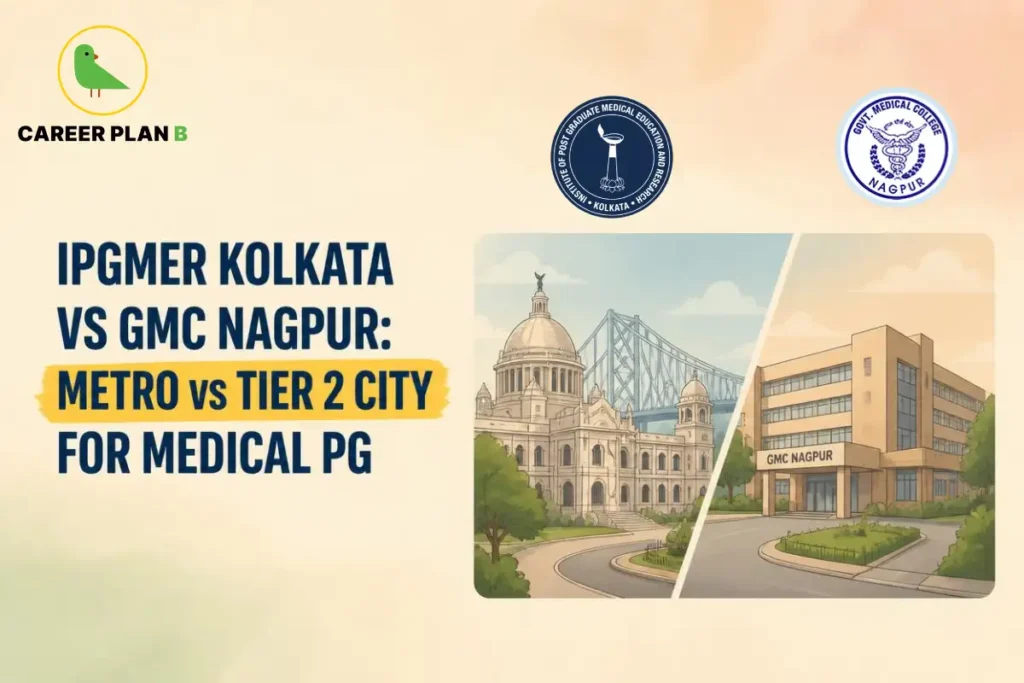 IPGMER KOLKATA VS GMC NAGPUR: METRO vs TIER 2 CITY FOR MEDICAL PG. Top-left features the Career Plan B logo with a green bird inside a gold circle. Right side illustrates IPGMER Kolkata with a bridge and domed architecture alongside Government Medical College Nagpur. Top-right displays the official seals for IPGMER Kolkata and GMC Nagpur.