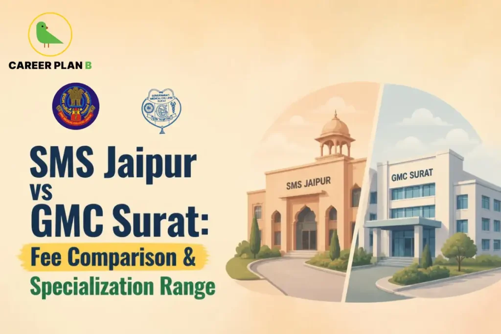 Educational infographic by Career Plan B titled "SMS Jaipur vs GMC Surat: Fee Comparison & Specialization Range". Top-left features the Career Plan B logo with a green bird inside a gold circle. Right side illustrates the campus buildings for SMS Jaipur and GMC Surat side by side. Top features the official institutional seals for SMS Jaipur and GMC Surat.