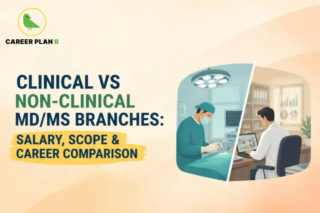Clinical vs non-clinical MD/MS branches comparing salary, career scope, work opportunities, and professional paths