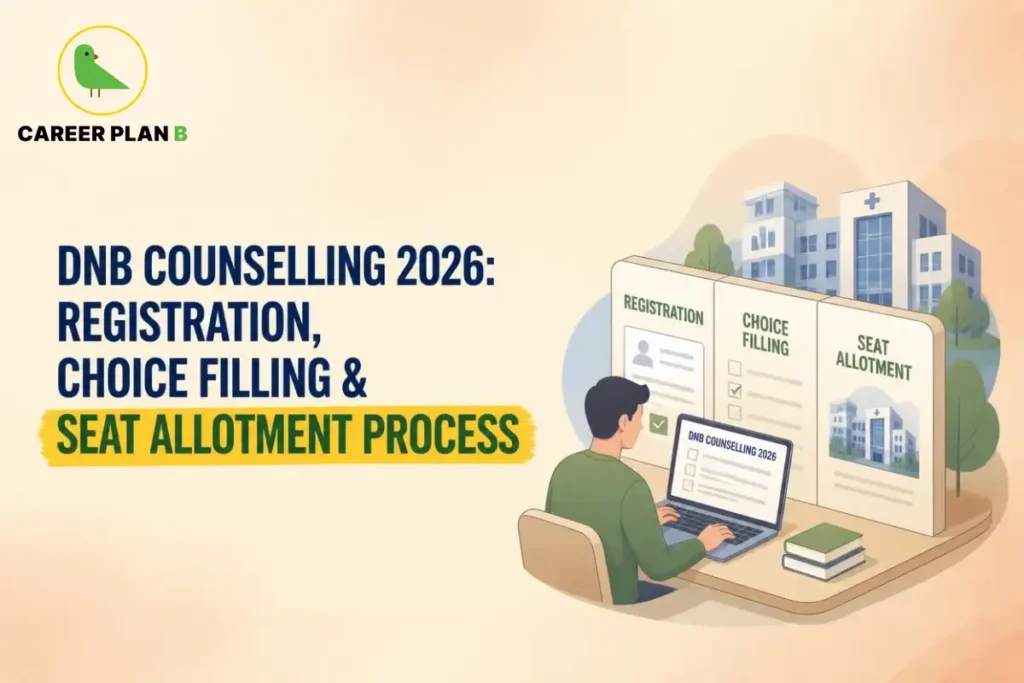 DNB Counselling 2026 graphic showing registration, choice filling, seat allotment, laptop, and hospital, Career Plan B.