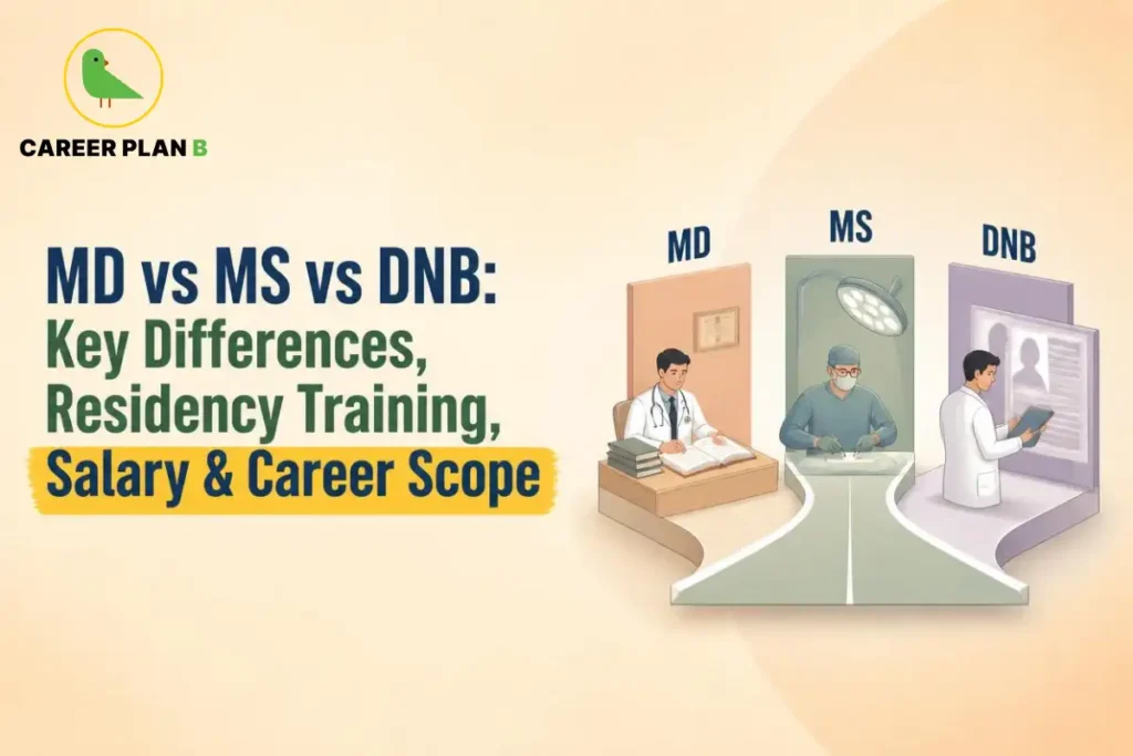 MD vs MS vs DNB graphic comparing medical training pathways, with doctors representing each qualification and Career Plan B logo.