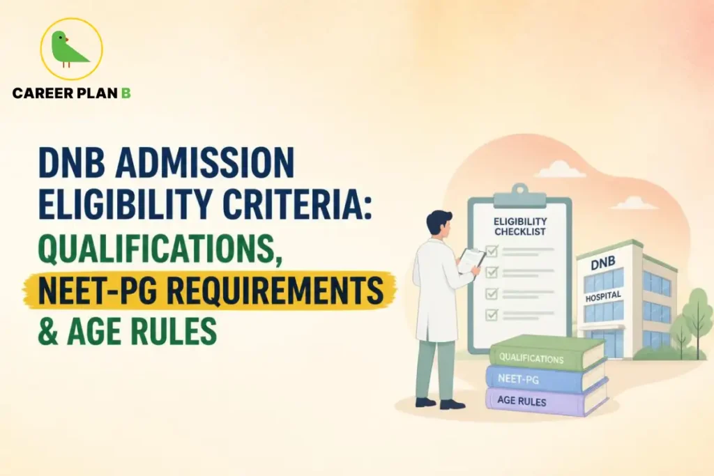 DNB admission eligibility graphic showing doctor, checklist, NEET-PG requirements, age rules, hospital, and Career Plan B logo.