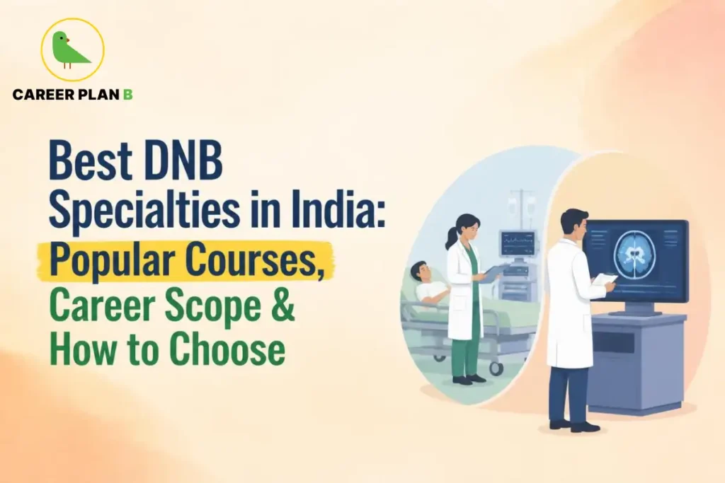 Best DNB specialties in India graphic featuring doctors, medical imaging, hospital care, and Career Plan B logo.