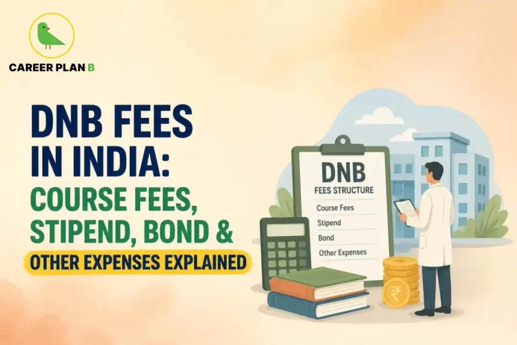 DNB fees in India graphic showing course fees, stipend, bond, other expenses, calculator, and Career Plan B logo.