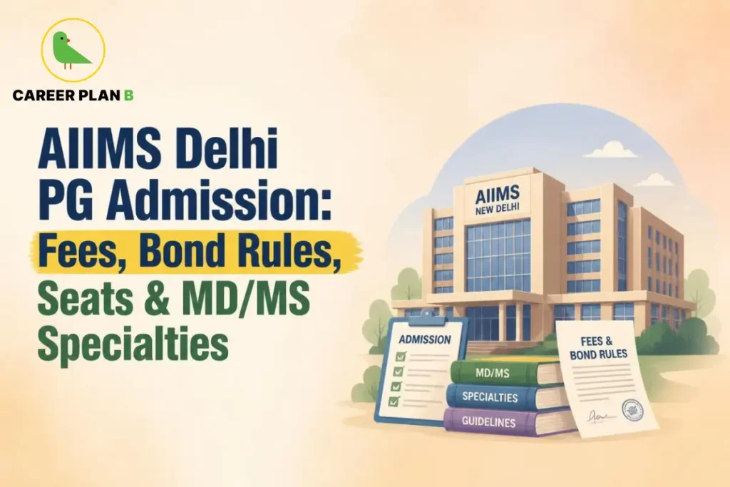 AIIMS Delhi PG admission graphic showing fees, bond rules, seats, MD/MS specialties, and Career Plan B logo.