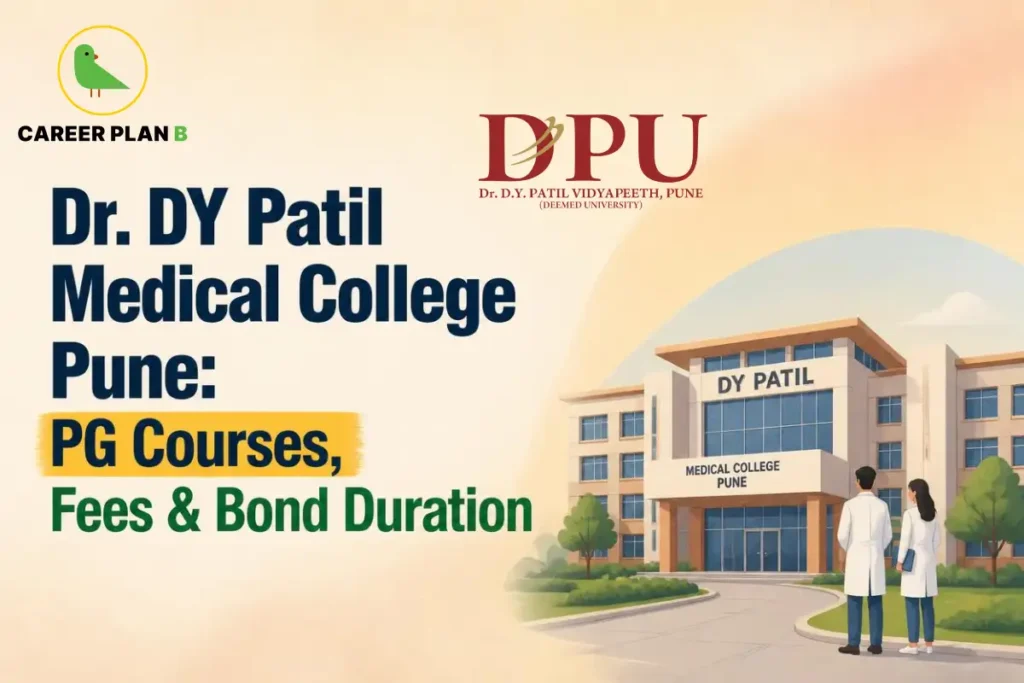 Educational infographic by Career Plan B titled "Dr. DY Patil Medical College Pune: PG Courses, Fees & Bond Duration". Top-left features the Career Plan B logo with a green bird inside a gold circle. Right side shows two medical professionals standing outside the Dr. DY Patil Medical College Pune building. The DPU university logo is positioned at the top center.