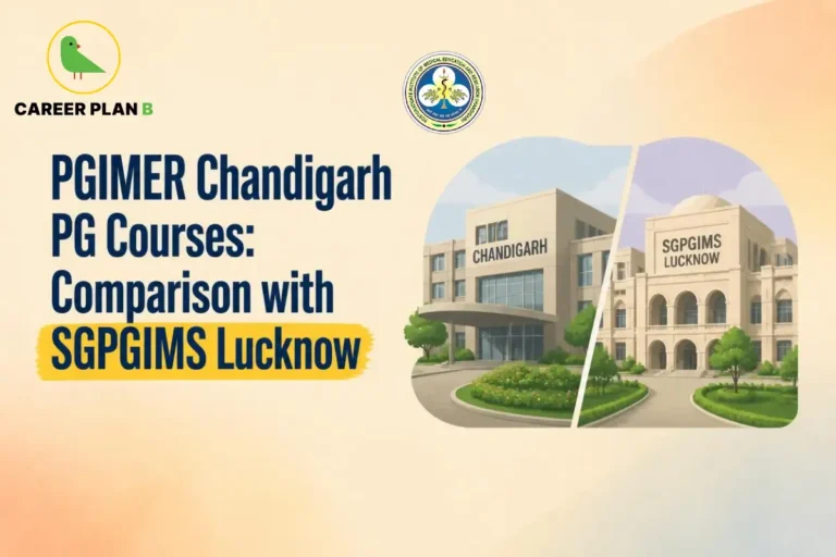 Educational infographic by Career Plan B titled "PGIMER Chandigarh PG Courses: Comparison with SGPGIMS Lucknow". Top-left features the Career Plan B logo with a green bird inside a gold circle. Right side illustrates the campus buildings for PGIMER Chandigarh and SGPGIMS Lucknow side by side. The official institutional seal is positioned at the top center.