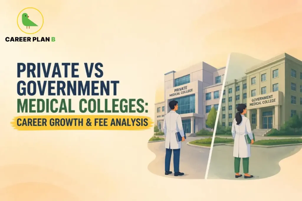 Educational infographic by Career Plan B titled "PRIVATE VS GOVERNMENT MEDICAL COLLEGES: CAREER GROWTH & FEE ANALYSIS". Top-left features the Career Plan B logo with a green bird inside a solid gold circular emblem with text below. Right side illustrates a male doctor facing a "PRIVATE MEDICAL COLLEGE" and a female doctor facing a "GOVERNMENT MEDICAL COLLEGE" side by side.