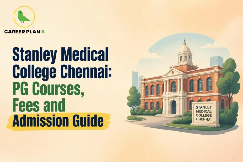 Educational infographic by Career Plan B titled "Stanley Medical College Chennai: PG Courses, Fees and Admission Guide". Top-left features the Career Plan B logo with a green bird inside a solid gold circular emblem with text below. Right side illustrates the historic building of Stanley Medical College Chennai with a branded entrance sign in the foreground.