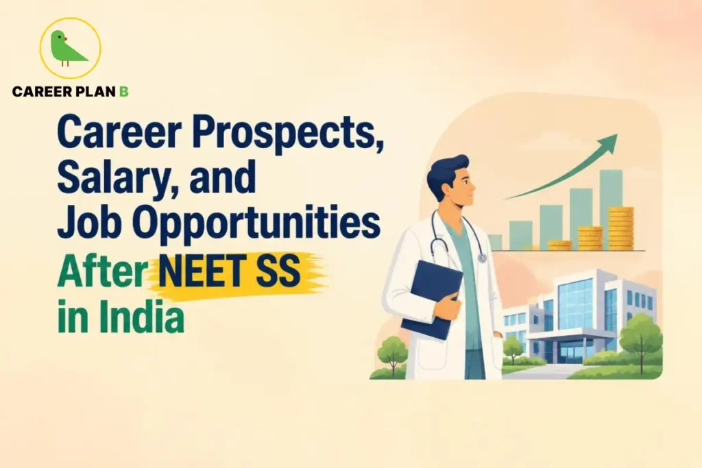 Educational infographic by Career Plan B titled "Career Prospects, Salary, and Job Opportunities After NEET SS in India". Top-left features the Career Plan B logo with a green bird inside a solid gold circular emblem with text below. Right side illustrates a doctor in a lab coat holding a folder in front of a hospital building, with a growth chart and stacks of coins showing an upward-trending arrow in the background.