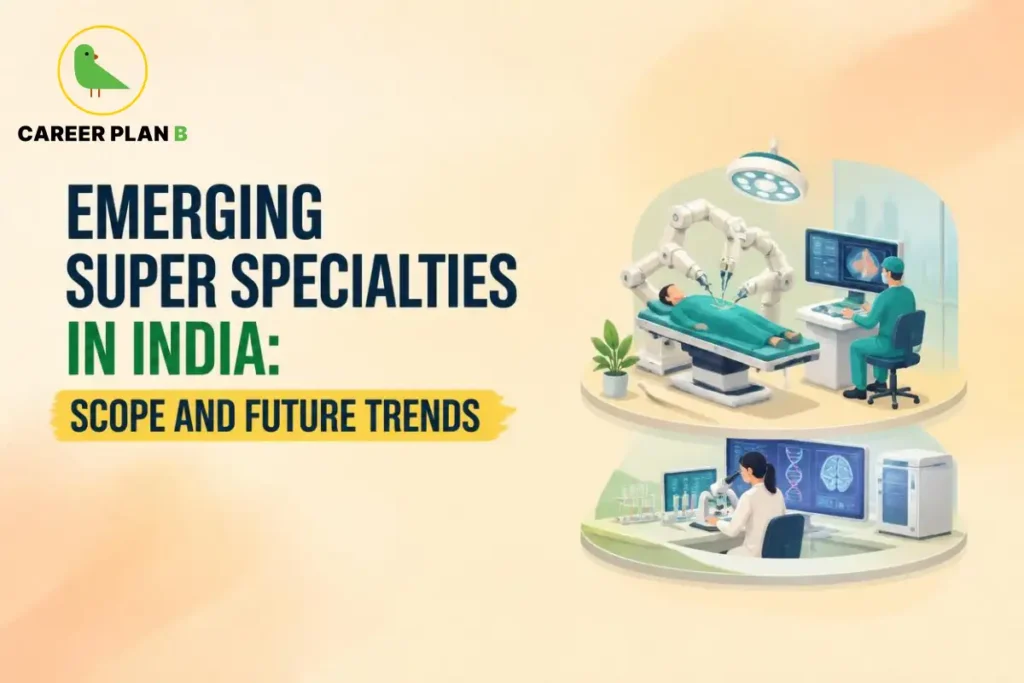 Educational infographic by Career Plan B titled "EMERGING SUPER SPECIALTIES IN INDIA: SCOPE AND FUTURE TRENDS". Top-left features the Career Plan B logo with a green bird inside a solid gold circular emblem with text below. Right side illustrates two medical technology scenes: a surgeon operating a robotic arm system during surgery, and a researcher working with a microscope and computer screens in a laboratory.