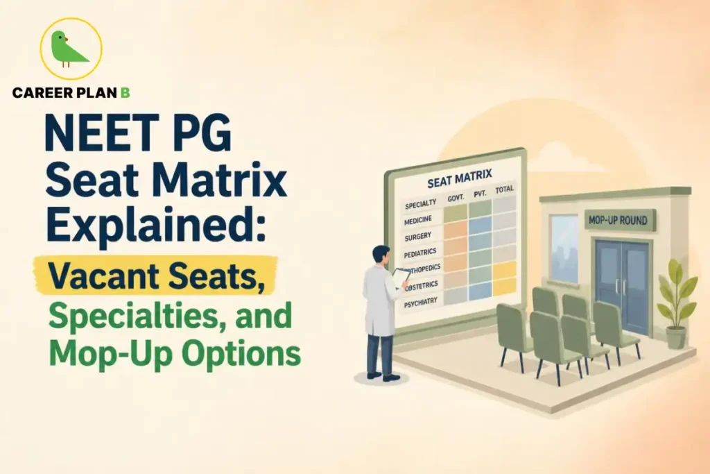 NEET PG Seat Matrix showing vacant seats, specialties, and Mop-Up options.