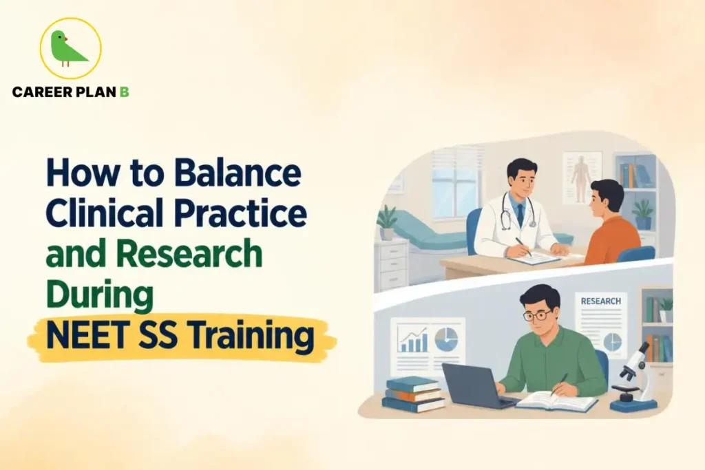 NEET SS training graphic showing a doctor treating a patient and another conducting research, with Career Plan B logo.