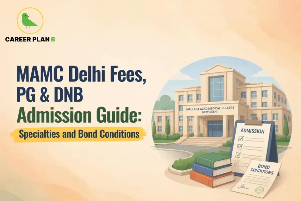 MAMC Delhi admission graphic showing fees, PG and DNB programs, specialties, bond conditions, and Career Plan B logo.