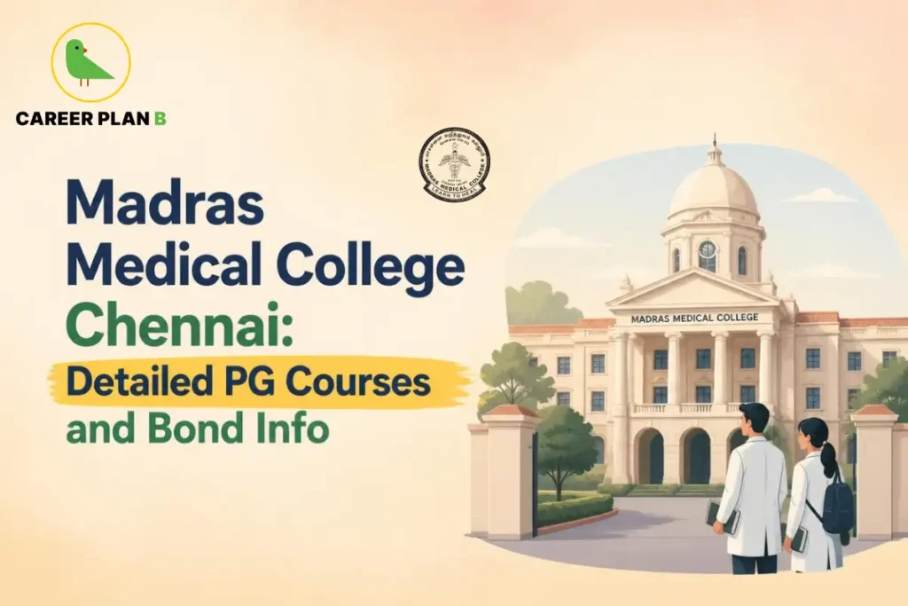 Madras Medical College Chennai graphic showing PG courses, bond information, college building, students, and Career Plan B logo.