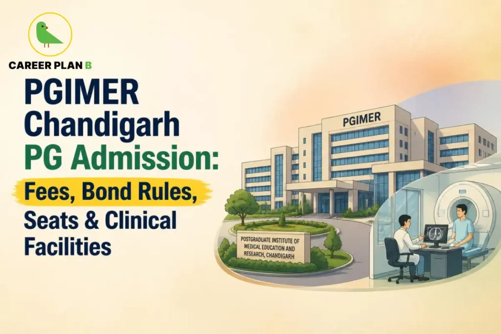 PGIMER Chandigarh PG admission graphic showing fees, bond rules, seats, clinical facilities, hospital building, and Career Plan B logo.