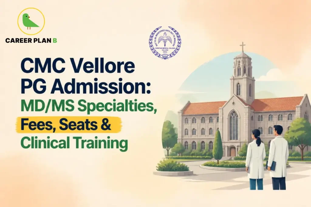CMC Vellore PG admission graphic showing MD/MS specialties, fees, seats, clinical training, campus, and Career Plan B logo.