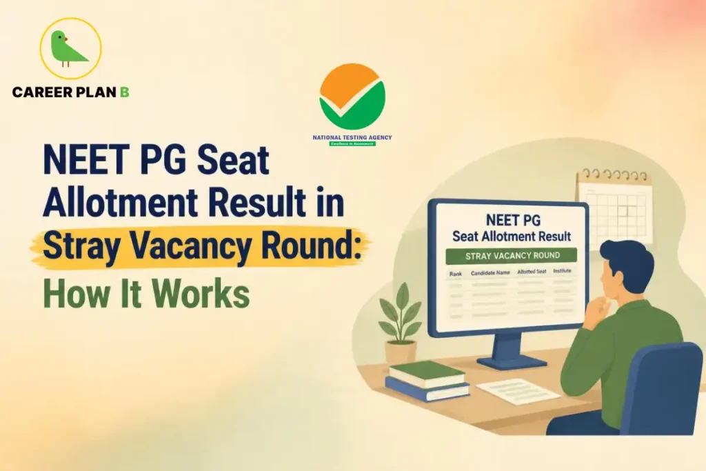 NEET PG seat allotment result in stray vacancy round showing a candidate checking the allotted seat online.