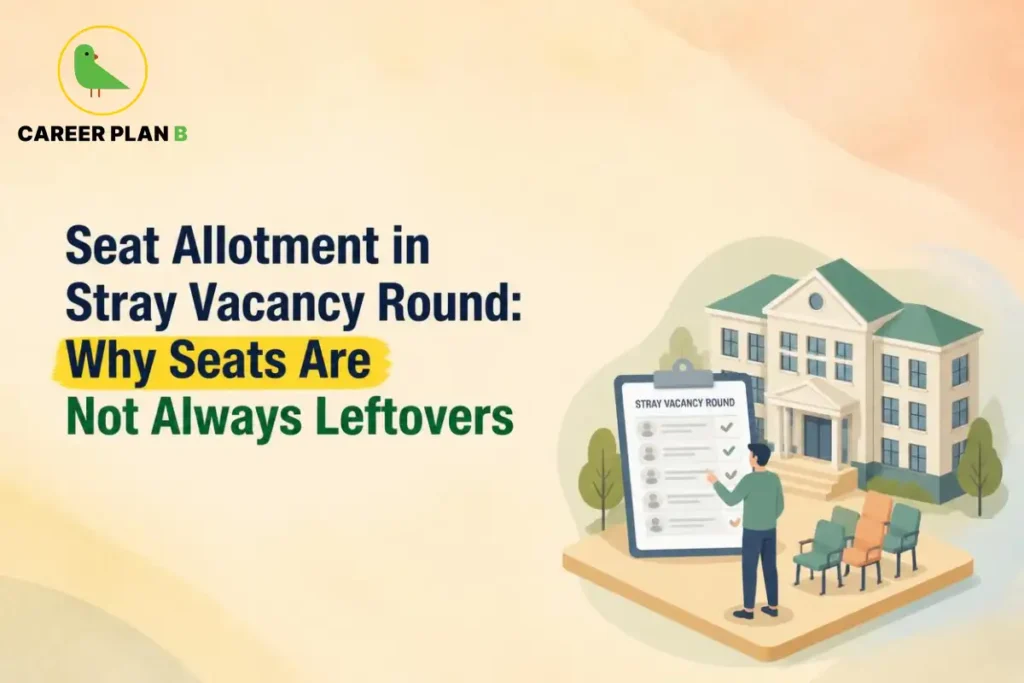 Seat allotment in stray vacancy round showing available seats and candidate selection at a medical college.