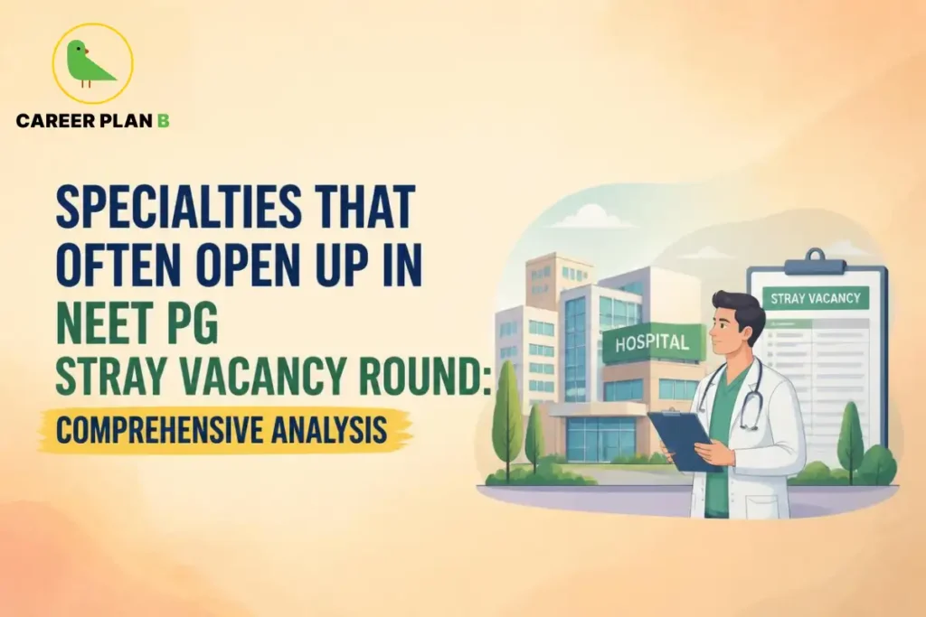 NEET PG stray vacancy round showing medical specialties and available seats at a hospital.