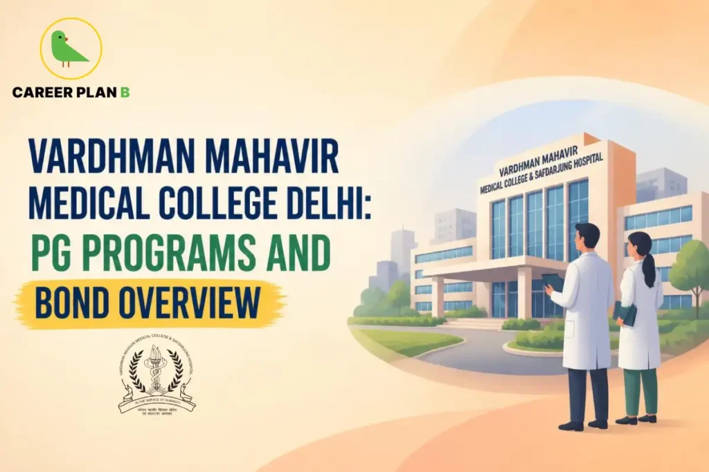 Educational infographic by Career Plan B titled "VARDHMAN MAHAVIR MEDICAL COLLEGE DELHI: PG PROGRAMS AND BOND OVERVIEW". Top-left features the Career Plan B logo with a green bird inside a solid gold circular emblem with text below. Right side shows two medical professionals in white lab coats standing in front of the Vardhman Mahavir Medical College & Safdarjung Hospital building. The institutional seal is displayed on the lower left.
