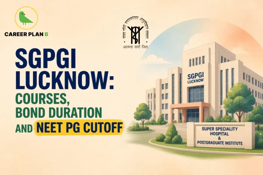 Educational infographic by Career Plan B titled "SGPGI LUCKNOW: COURSES, BOND DURATION AND NEET PG CUTOFF". Top-left features the Career Plan B logo with a green bird inside a solid gold circular emblem with text below. Right side illustrates the SGPGIMS Lucknow building with a sign in the foreground reading "SUPER SPECIALITY HOSPITAL & POSTGRADUATE INSTITUTE". The official institutional seal is positioned at the top center.