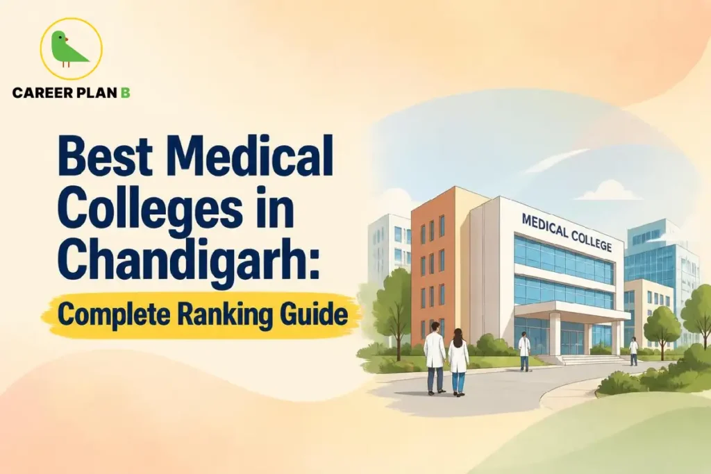 Educational infographic by Career Plan B titled "Best Medical Colleges in Chandigarh: Complete Ranking Guide". Top-left features the Career Plan B logo with a green bird inside a solid gold circular emblem with text below. Right side illustrates medical professionals walking in front of a modern medical college building.