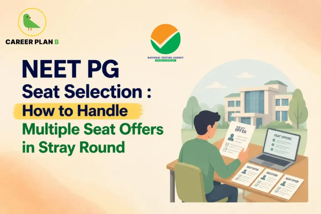 NEET PG Seat Selection showing a student comparing multiple seat offers in the stray round.