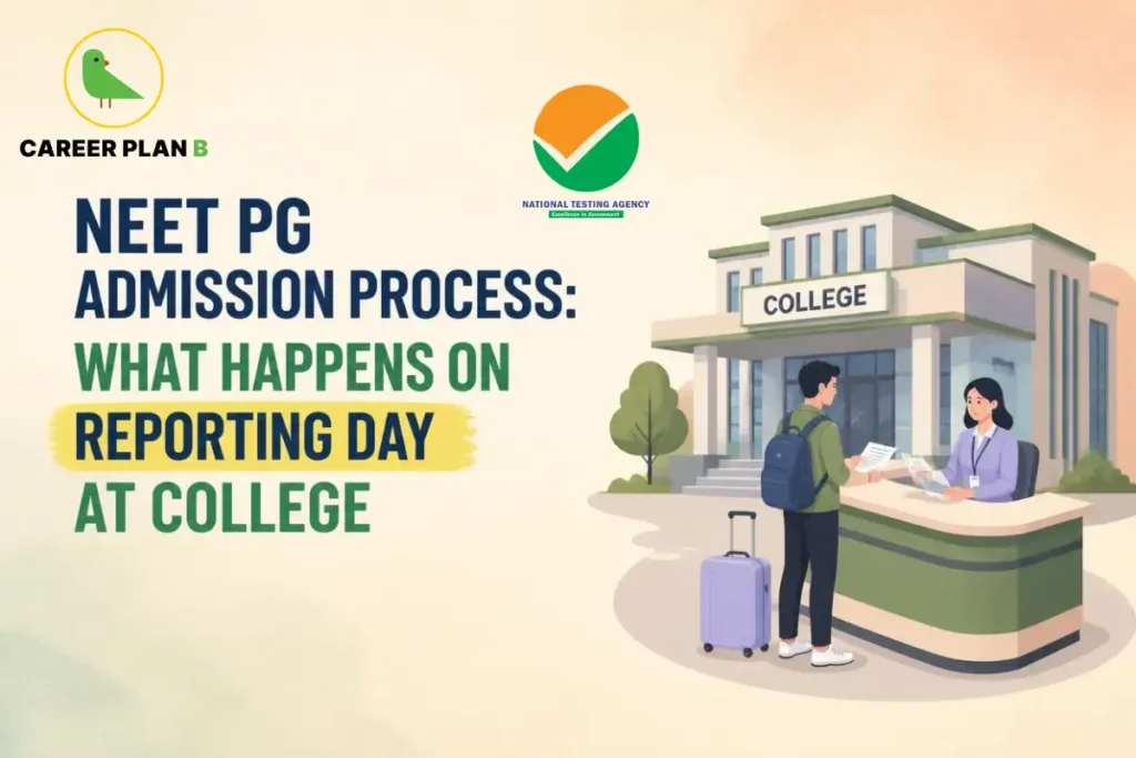 NEET PG admission process showing a student reporting at a college reception.