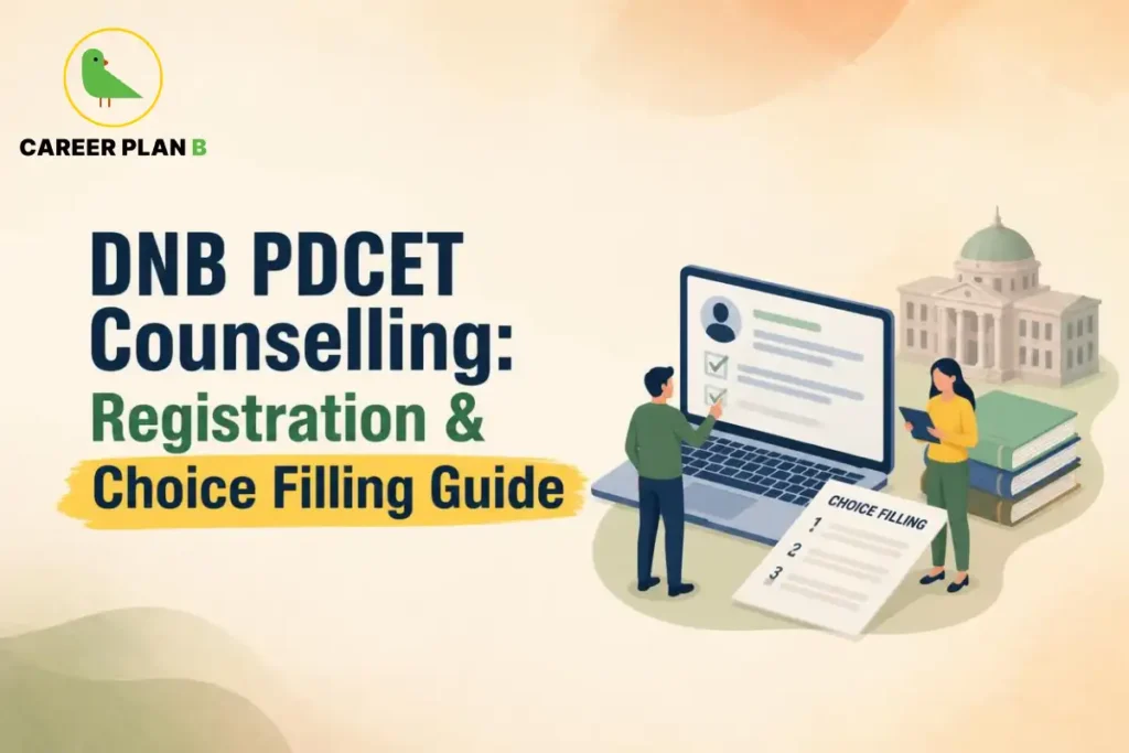 DNB PDCET counselling graphic showing registration, choice filling, laptop screen, checklist, and Career Plan B logo.