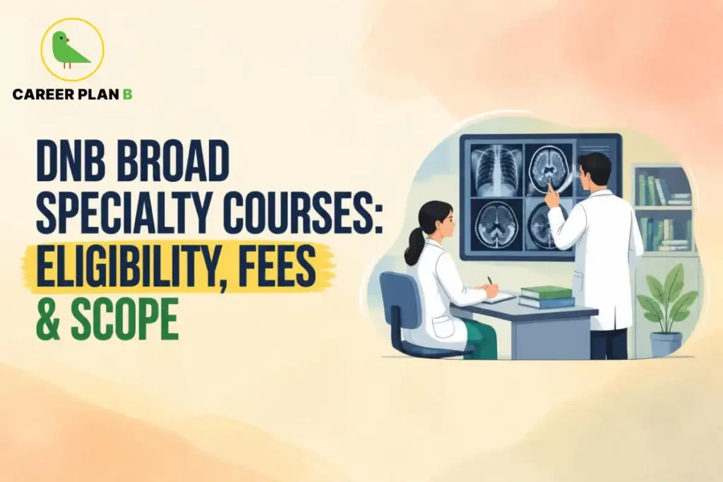 DNB broad specialty courses graphic showing eligibility, fees, scope, doctors reviewing medical scans, and Career Plan B logo.