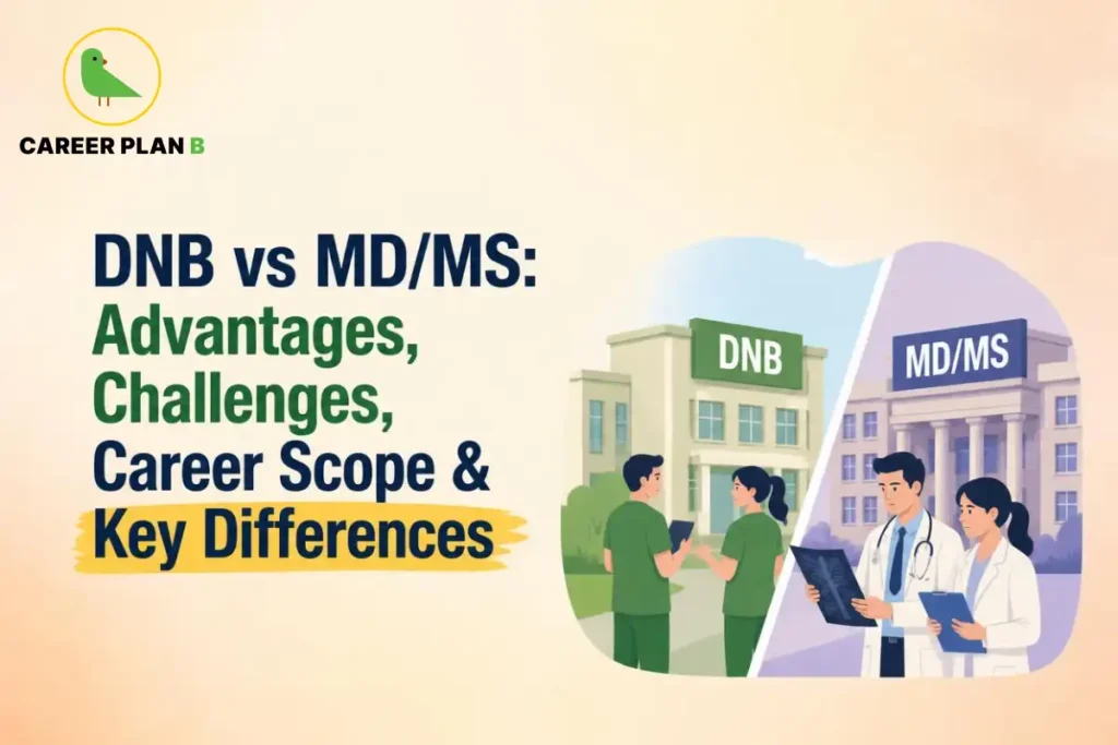 DNB versus MD/MS graphic comparing advantages, challenges, career scope, key differences, doctors, and Career Plan B logo.