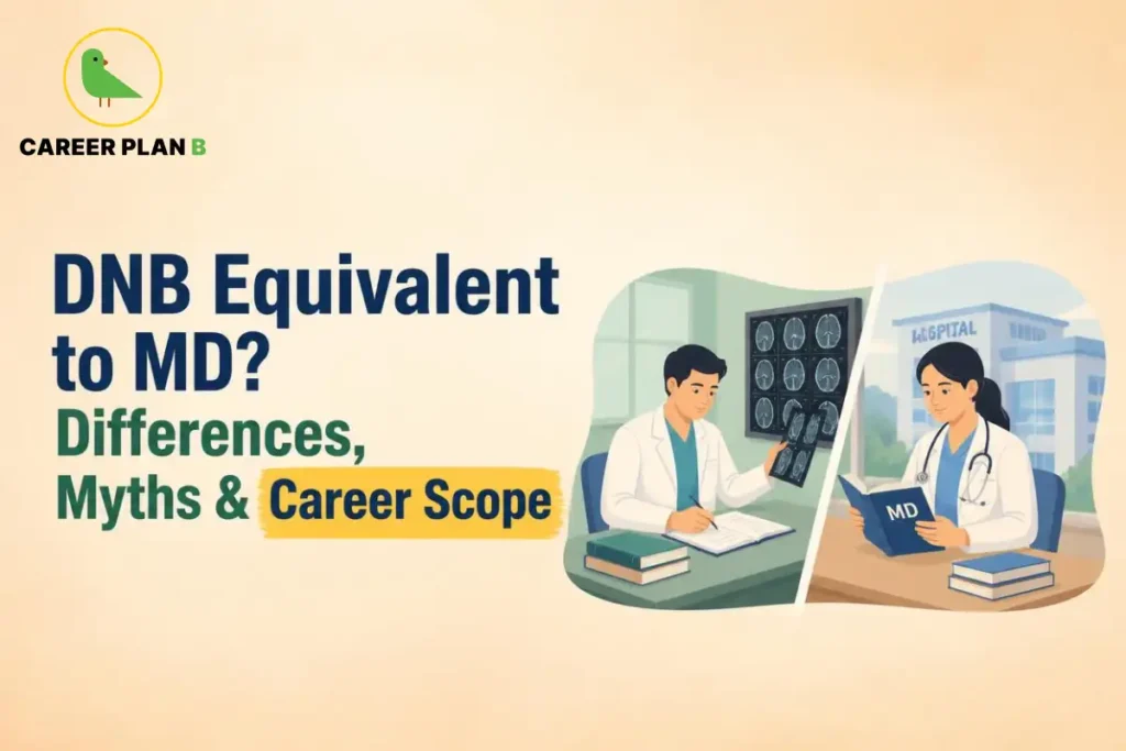DNB equivalence graphic comparing DNB and MD qualifications, career scope, doctors, medical scans, and Career Plan B logo.