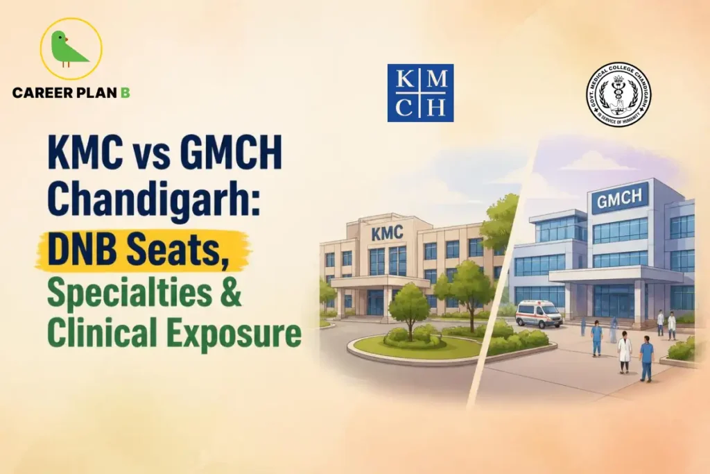 KMC versus GMCH Chandigarh graphic comparing DNB seats, specialties, clinical exposure, hospitals, and Career Plan B logo.