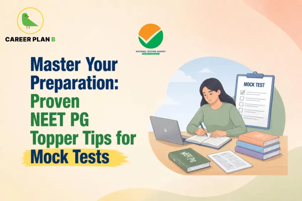 NEET PG aspirant studying with books and a mock test checklist, highlighting preparation tips for improving mock test performance.