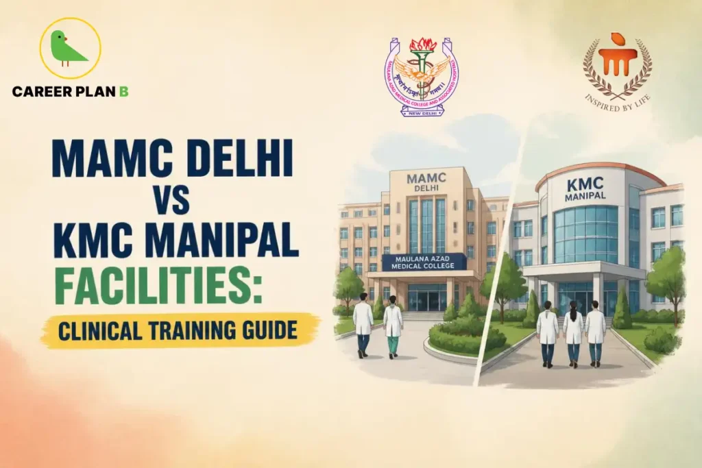 MAMC Delhi versus KMC Manipal facilities graphic showing hospitals, medical trainees, logos, and clinical training comparison.