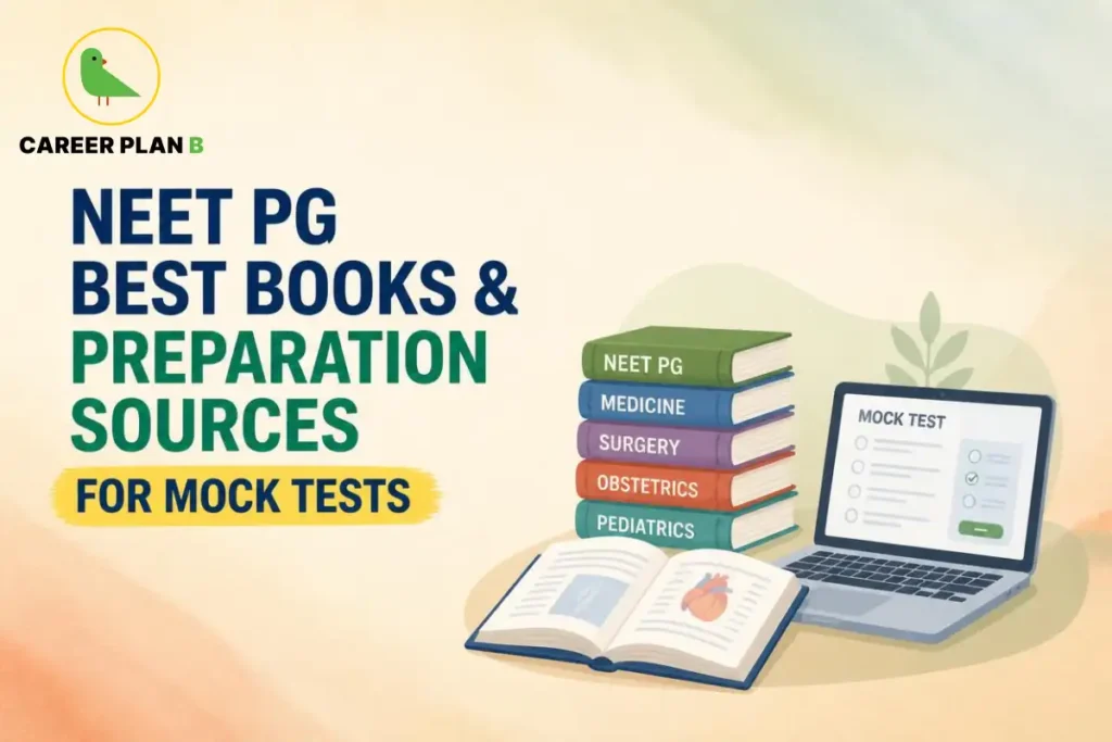 NEET PG preparation books and study materials with a laptop mock test, highlighting resources for effective mock test preparation.