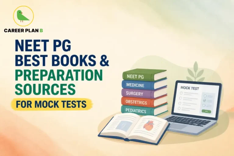 NEET PG preparation books and study materials with a laptop mock test, highlighting resources for effective mock test preparation.