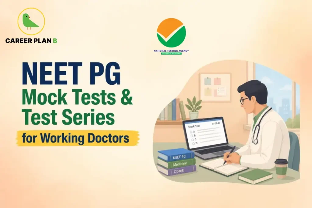 Working doctor taking a NEET PG mock test on a laptop, highlighting flexible test series preparation for busy medical professionals.