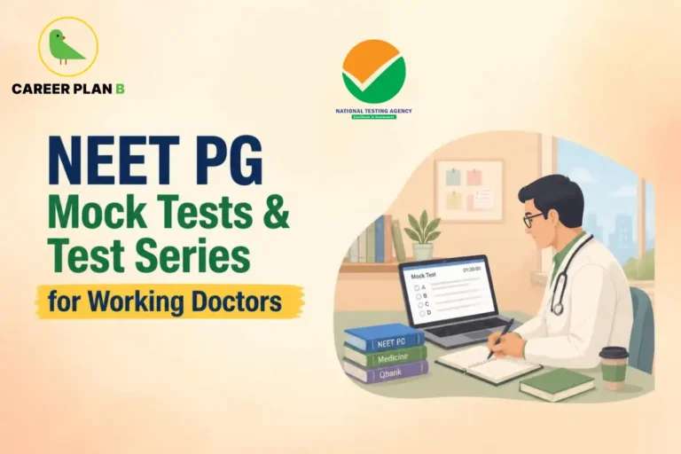 Working doctor taking a NEET PG mock test on a laptop, highlighting flexible test series preparation for busy medical professionals.