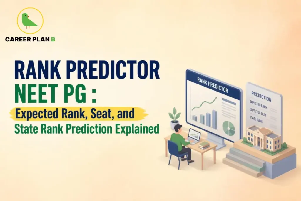 NEET PG rank predictor showing expected rank, seat, and state rank prediction.
