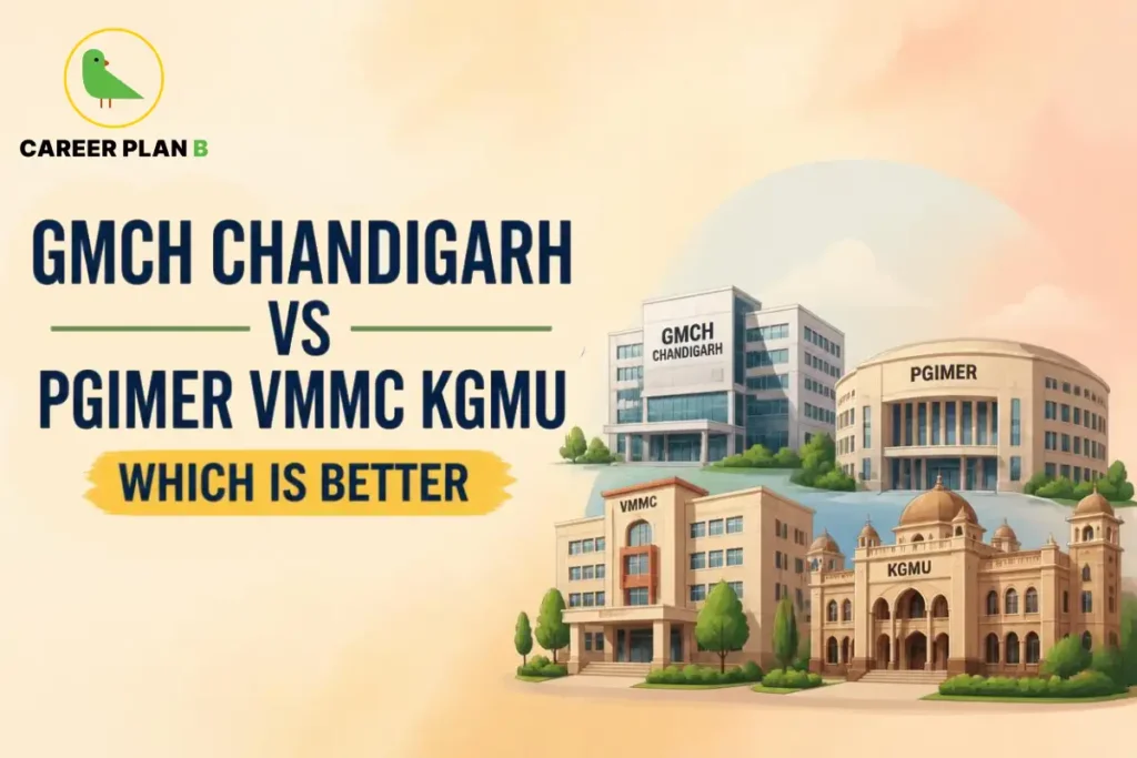 Banner comparing GMCH Chandigarh vs PGIMER, VMMC, and KGMU asking which is better, with medical college campus illustrations.