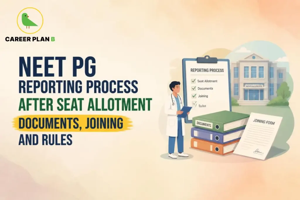 Banner text detailing NEET PG reporting process after seat allotment covering documents, joining, and rules, with a doctor, checklist, and medical college.