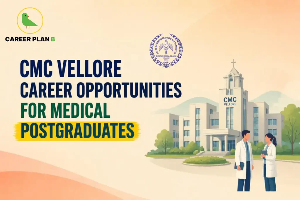Educational infographic by Career Plan B titled "CMC VELLORE CAREER OPPORTUNITIES FOR MEDICAL POSTGRADUATES". Top-left features the Career Plan B logo with a green bird inside a solid gold circular emblem with text below. Right side illustrates two medical professionals in white lab coats standing outside the CMC Vellore building. The official CMC Vellore seal is positioned at the top center.