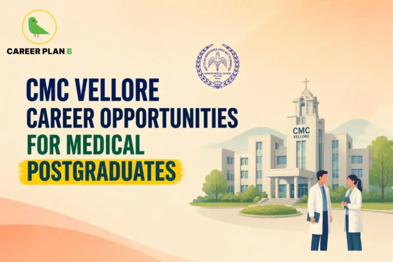 Educational infographic by Career Plan B titled "CMC VELLORE CAREER OPPORTUNITIES FOR MEDICAL POSTGRADUATES". Top-left features the Career Plan B logo with a green bird inside a solid gold circular emblem with text below. Right side illustrates two medical professionals in white lab coats standing outside the CMC Vellore building. The official CMC Vellore seal is positioned at the top center.
