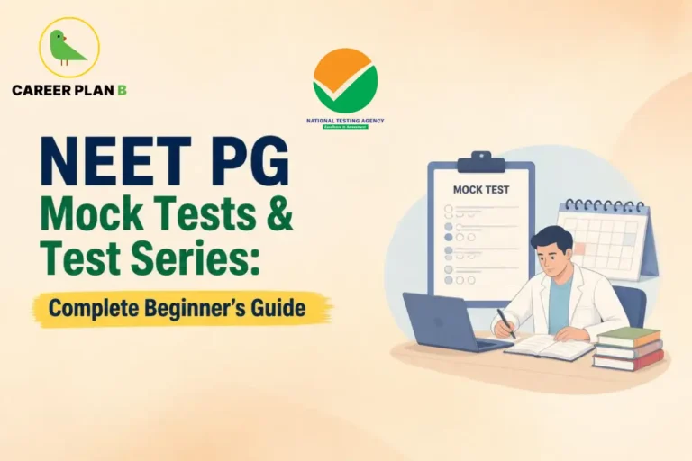 NEET PG aspirant preparing with mock tests and test series using study notes, books and a laptop