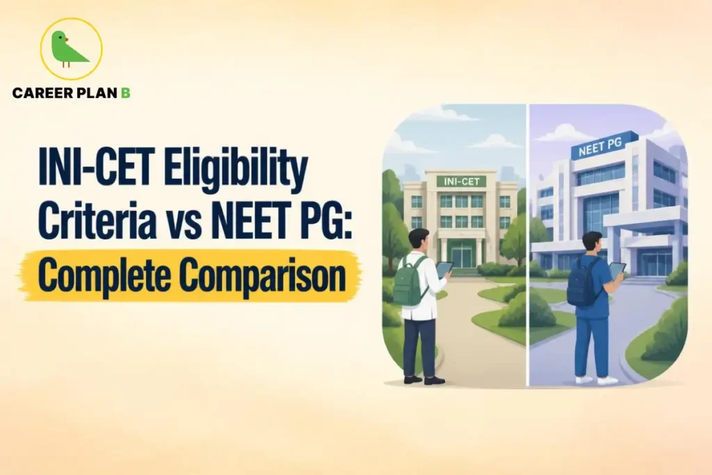 Comparison of INI-CET and NEET PG eligibility criteria showing medical aspirants outside respective institutions